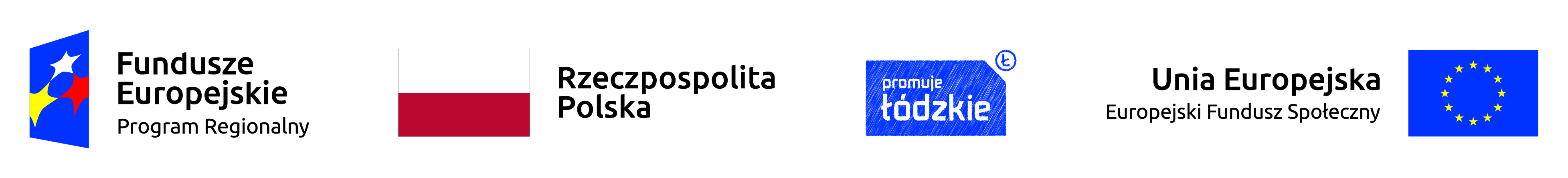 Ciąg logotypów przedstawiający w kolejności od lewej do prawej: logotyp Fundusze Europejskie Program Regionalny, Flaga Rzeczpospolitej Polskiej, logotyp województwa łódzkiego, logotyp Unia Europejska - Europejski Fundusz Społeczny.
